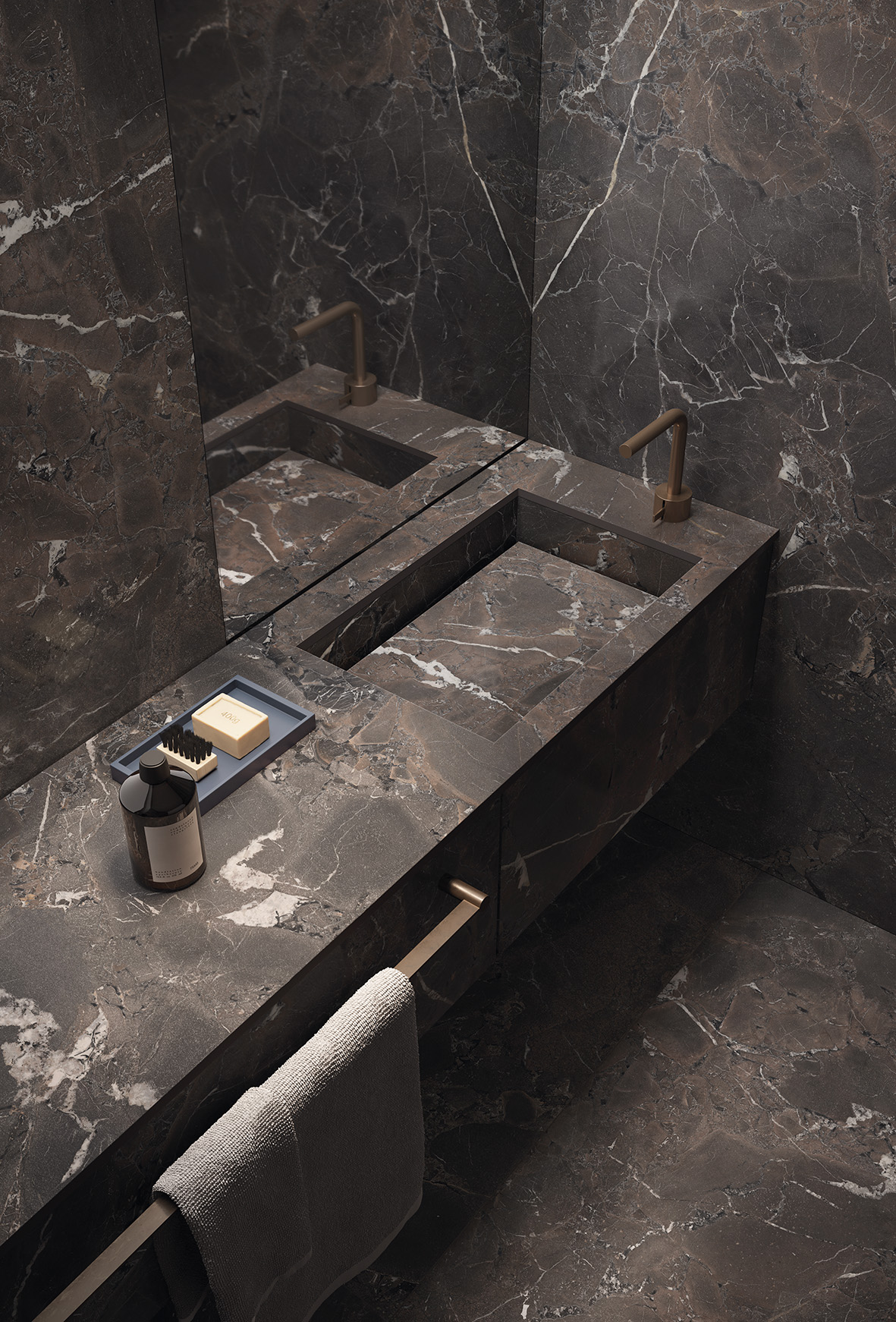 Instagram post with the caption: Matte Made Modern. The Breccia Imperiale Porcelain Slab brin...